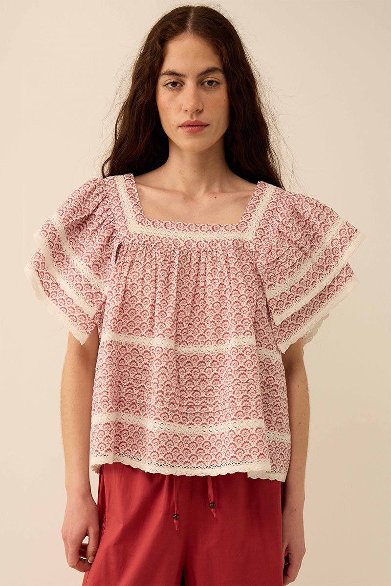 Alina Printed Floral Lace Insert Top