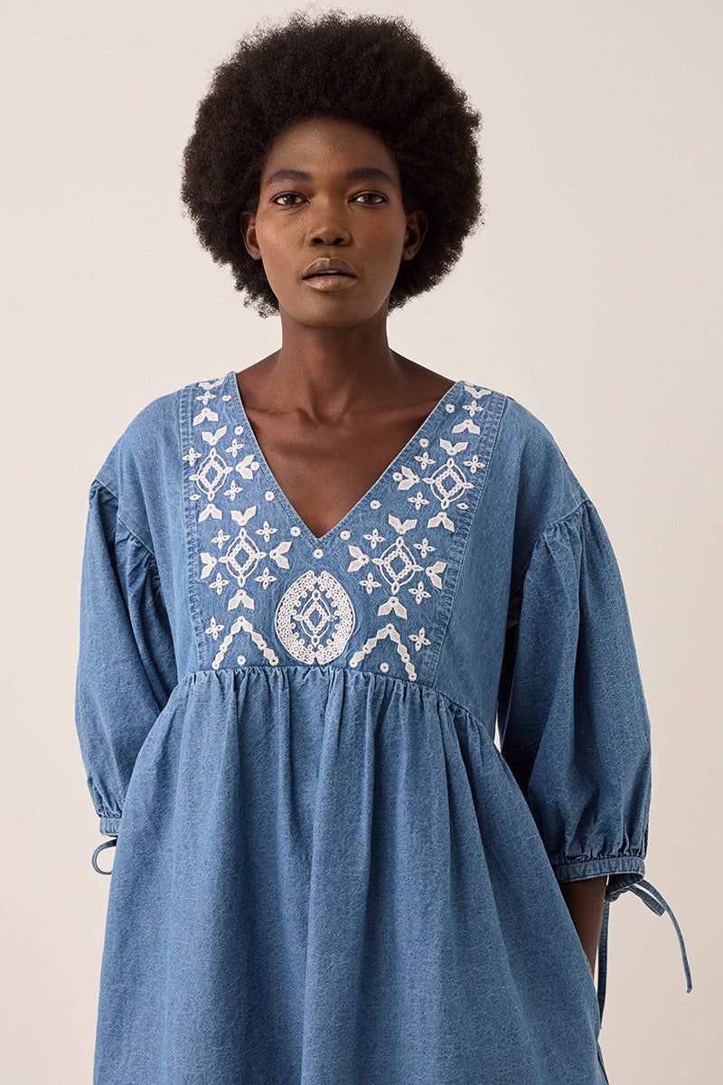 Coralie Denim Broderie Detailed Dress