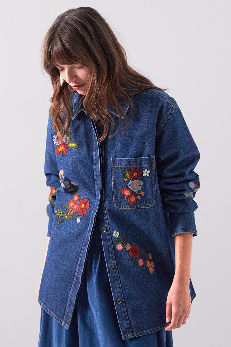 Ozla Denim Embroidered Floral Shirt