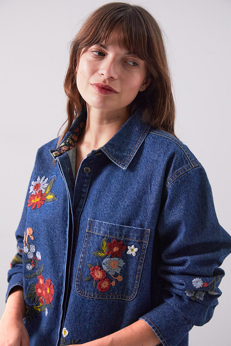Ozla Denim Embroidered Floral Shirt