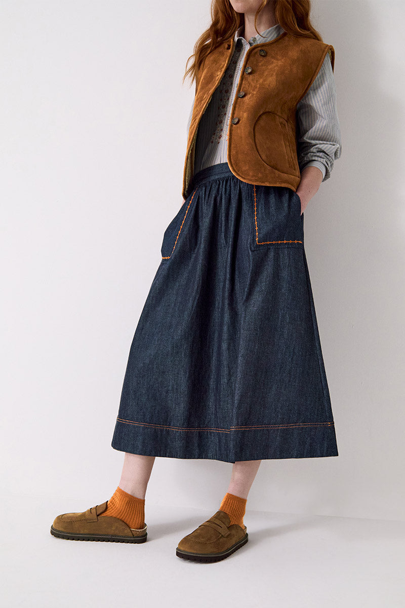 Jayla Denim Embroidered Midi Skirt