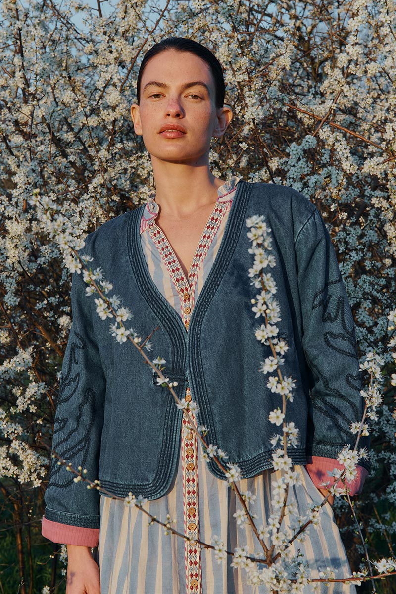 Juna Denim Botanical Embroidered Jacket