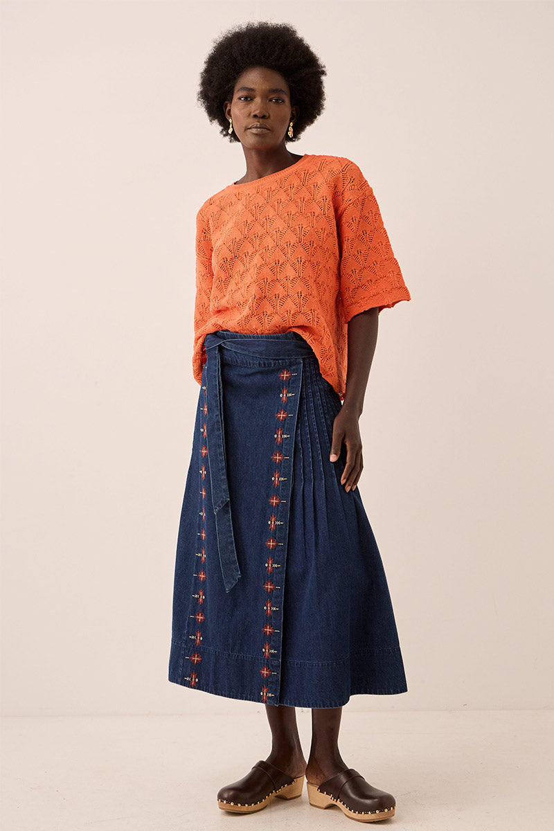 Marion Denim Wrap Embroidered Skirt