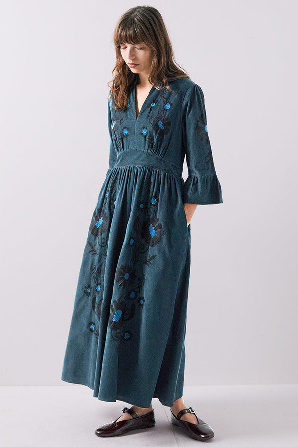 Odelia Embroidered Corduroy Dress