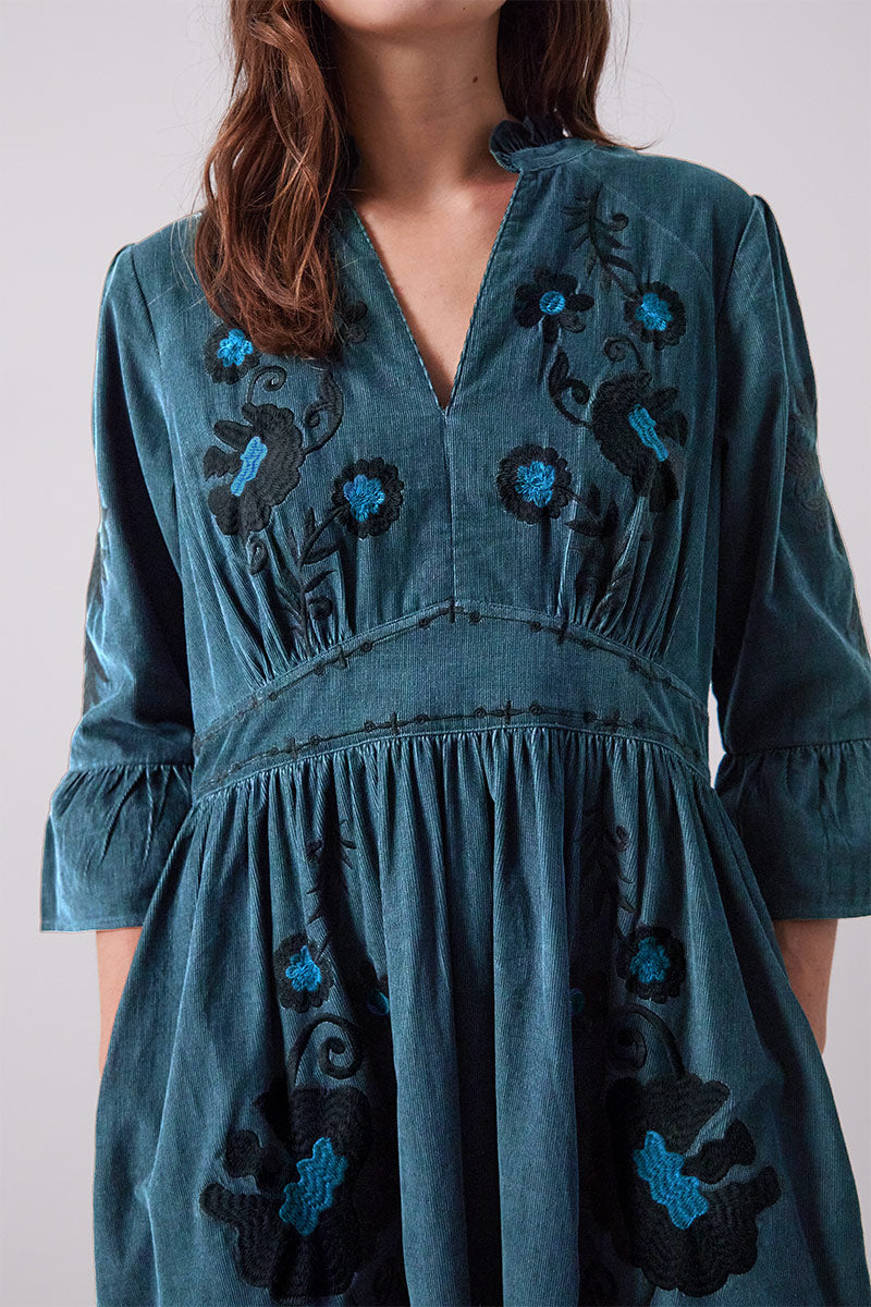 Odelia Embroidered Corduroy Dress