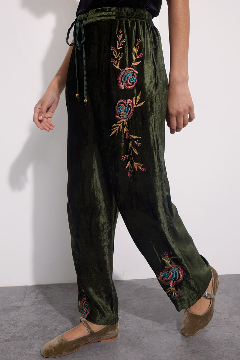 Talia Embroidered Green Trousers