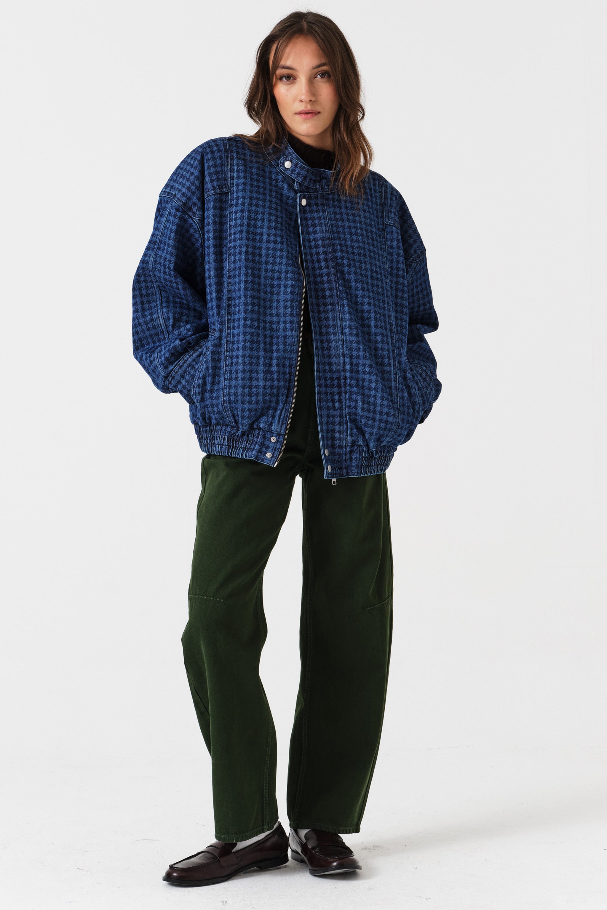 Juno Oversized Bomber Jacket in Houndstooth Americana