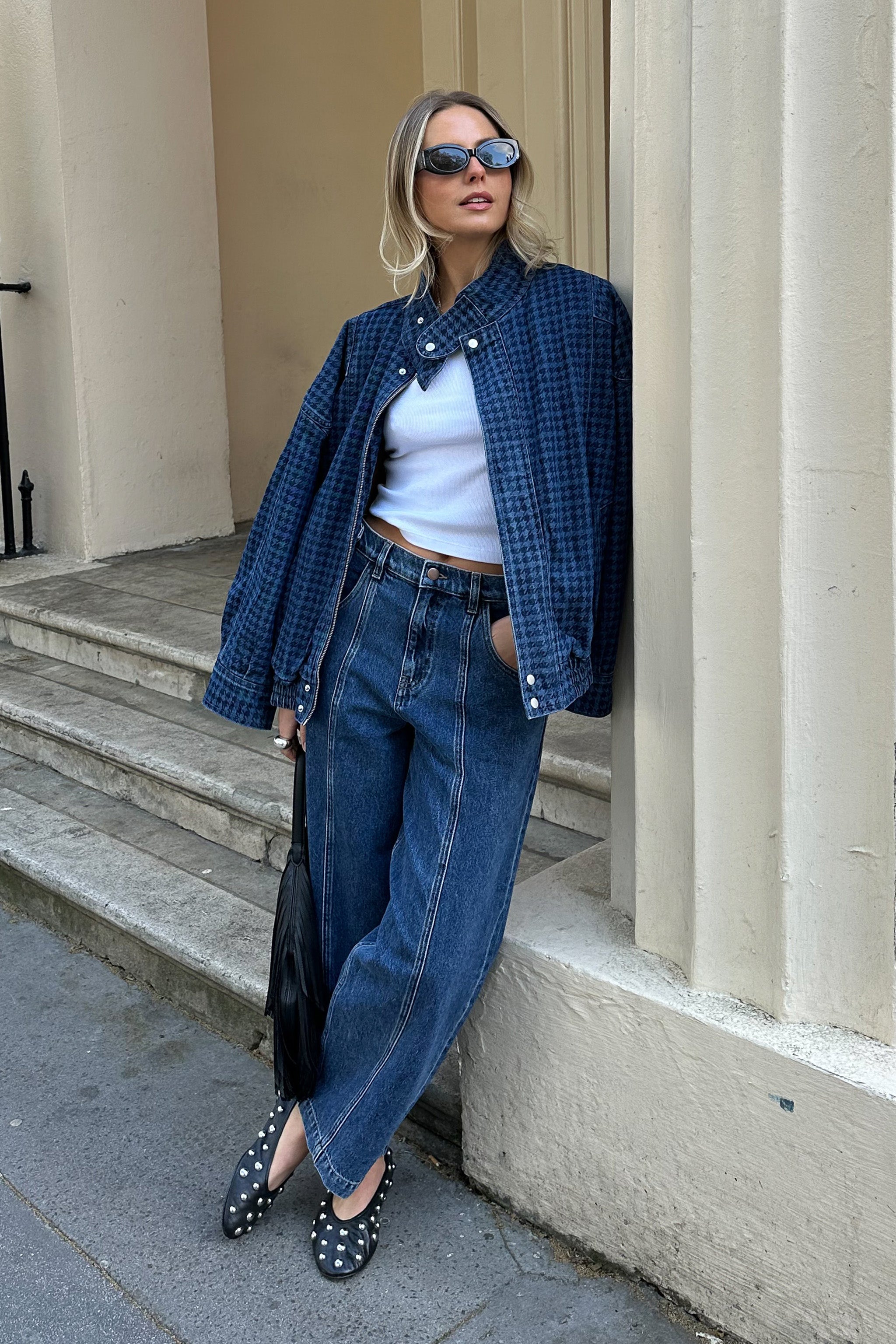 Juno Oversized Bomber Jacket in Houndstooth Americana