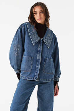 Neve Flower-Embroidered Denim Jacket in Pasadena