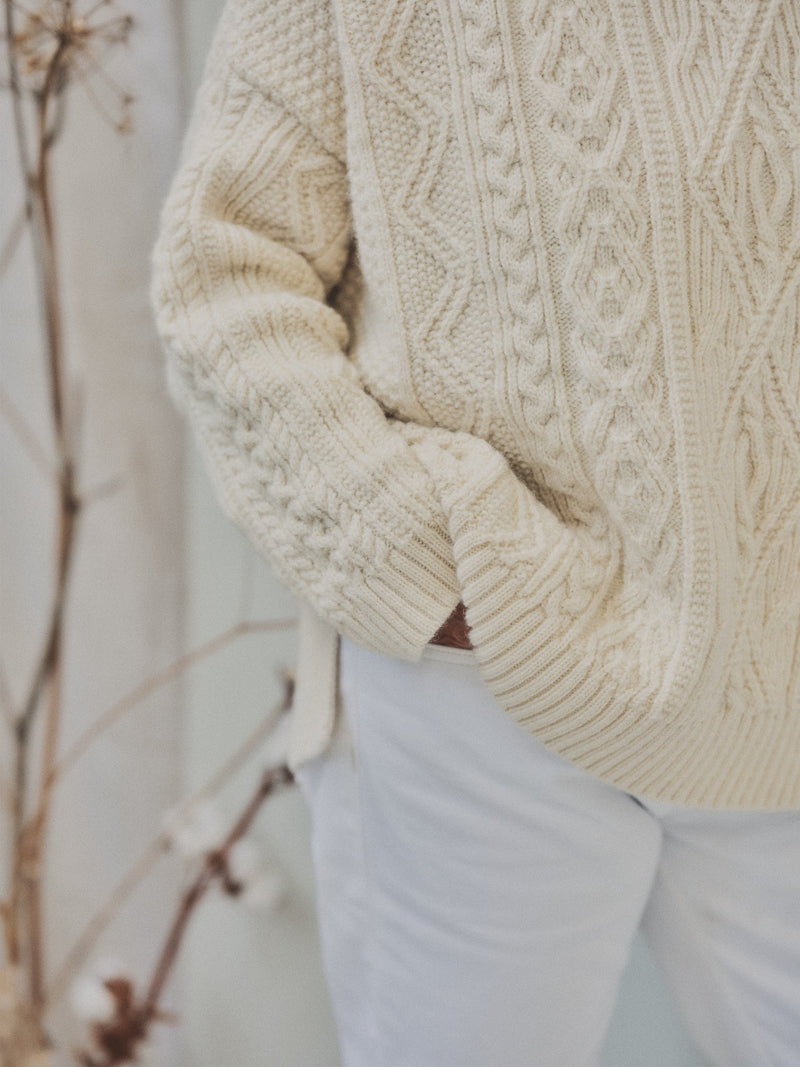 The Freyja British Wool Cable Sweater in Ecru