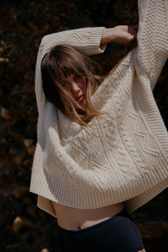 The Freyja British Wool Cable Sweater in Ecru