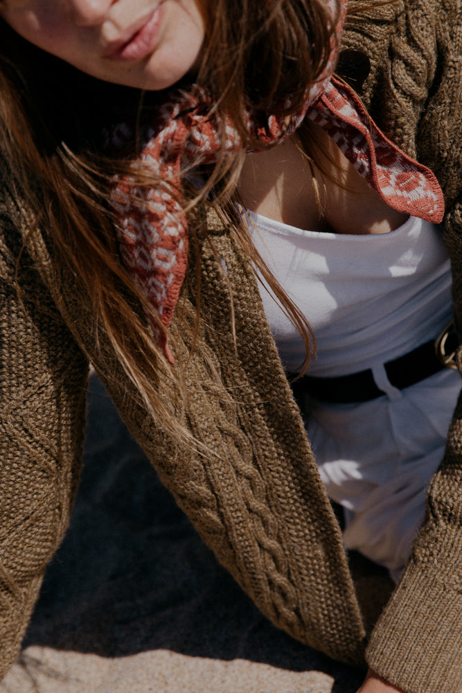 The Freyja British Wool Cable Cardigan in Bronze Olive