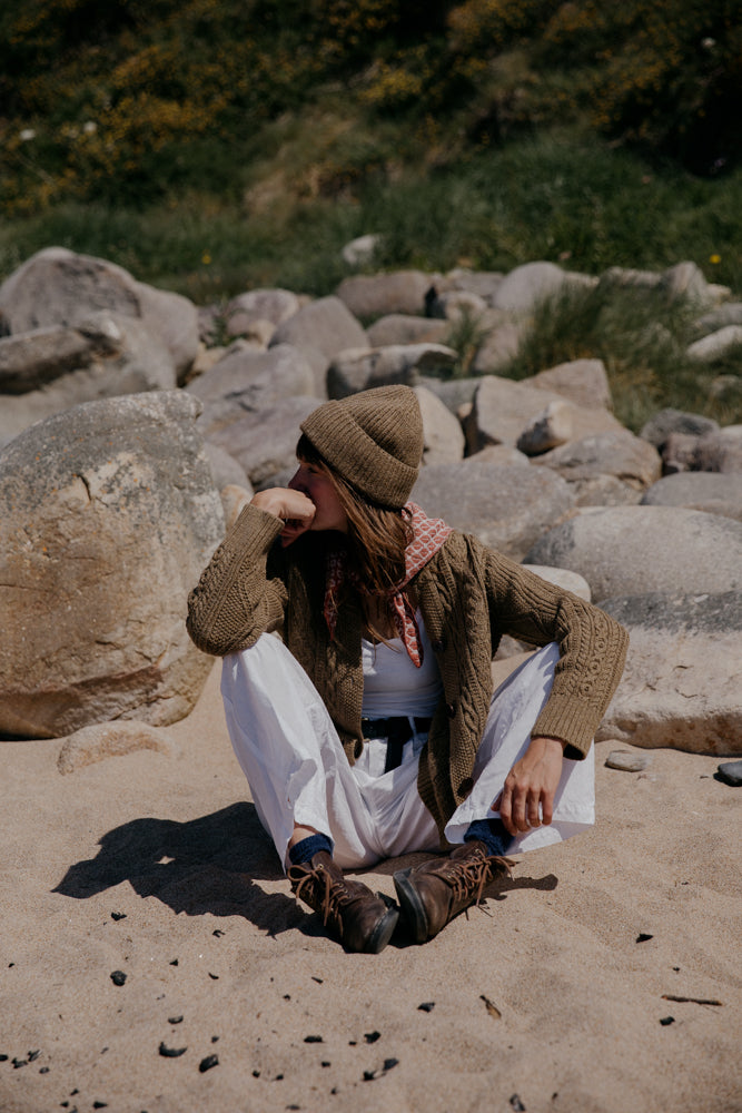 The Freyja British Wool Cable Cardigan in Bronze Olive