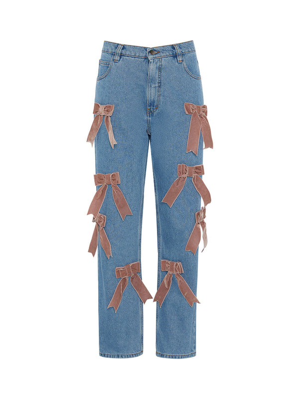 Women's Blue Denim Jeans with Velvet Bows | Sustainable | Eden | Fanfare