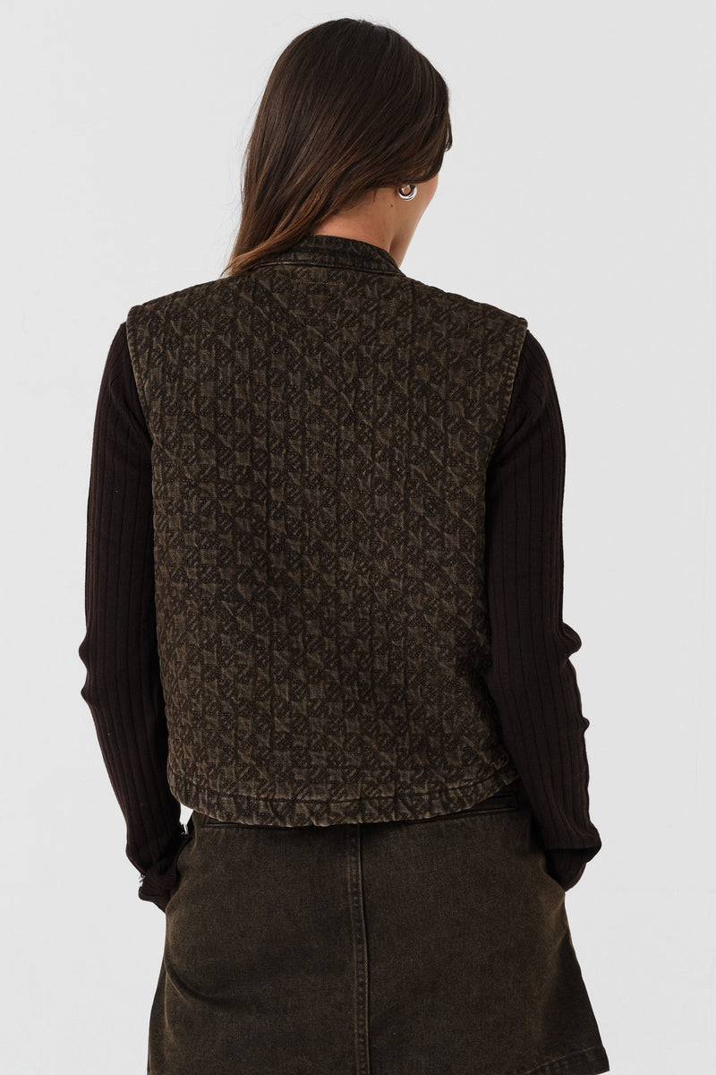 Pablo Quilted Denim Vest in Houndstooth Cacao