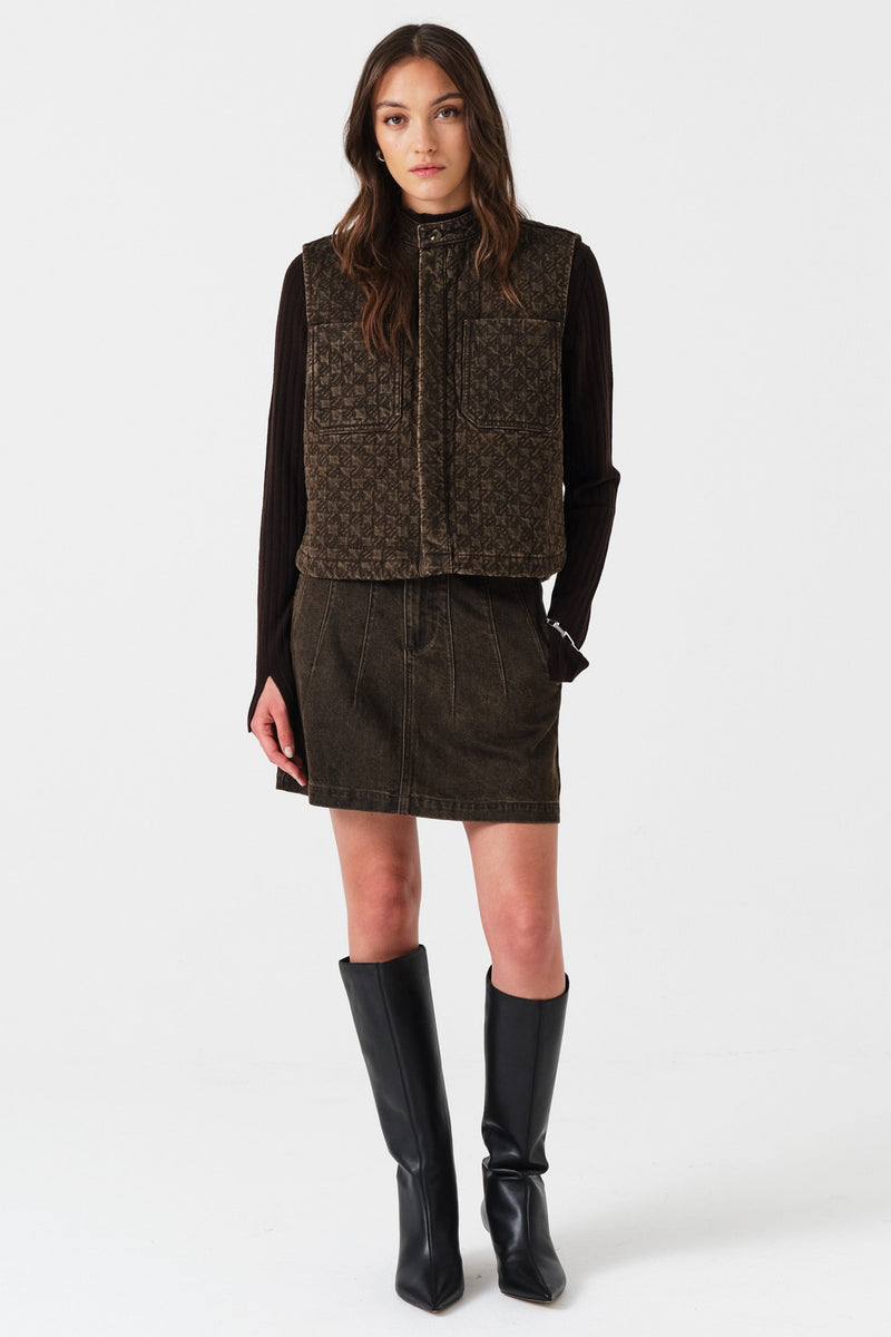 Pablo Quilted Denim Vest in Houndstooth Cacao