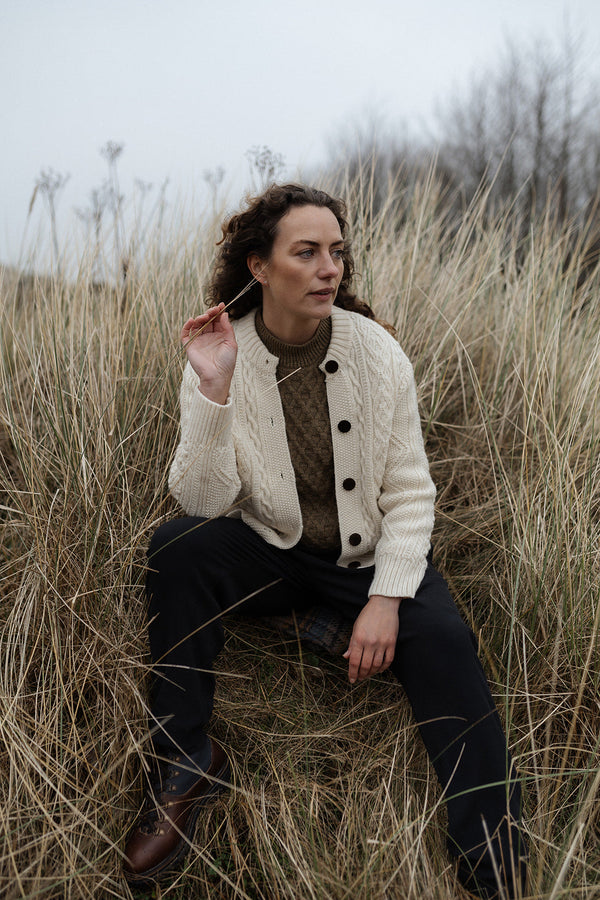 The Freyja British Wool Cable Cardigan in Ecru