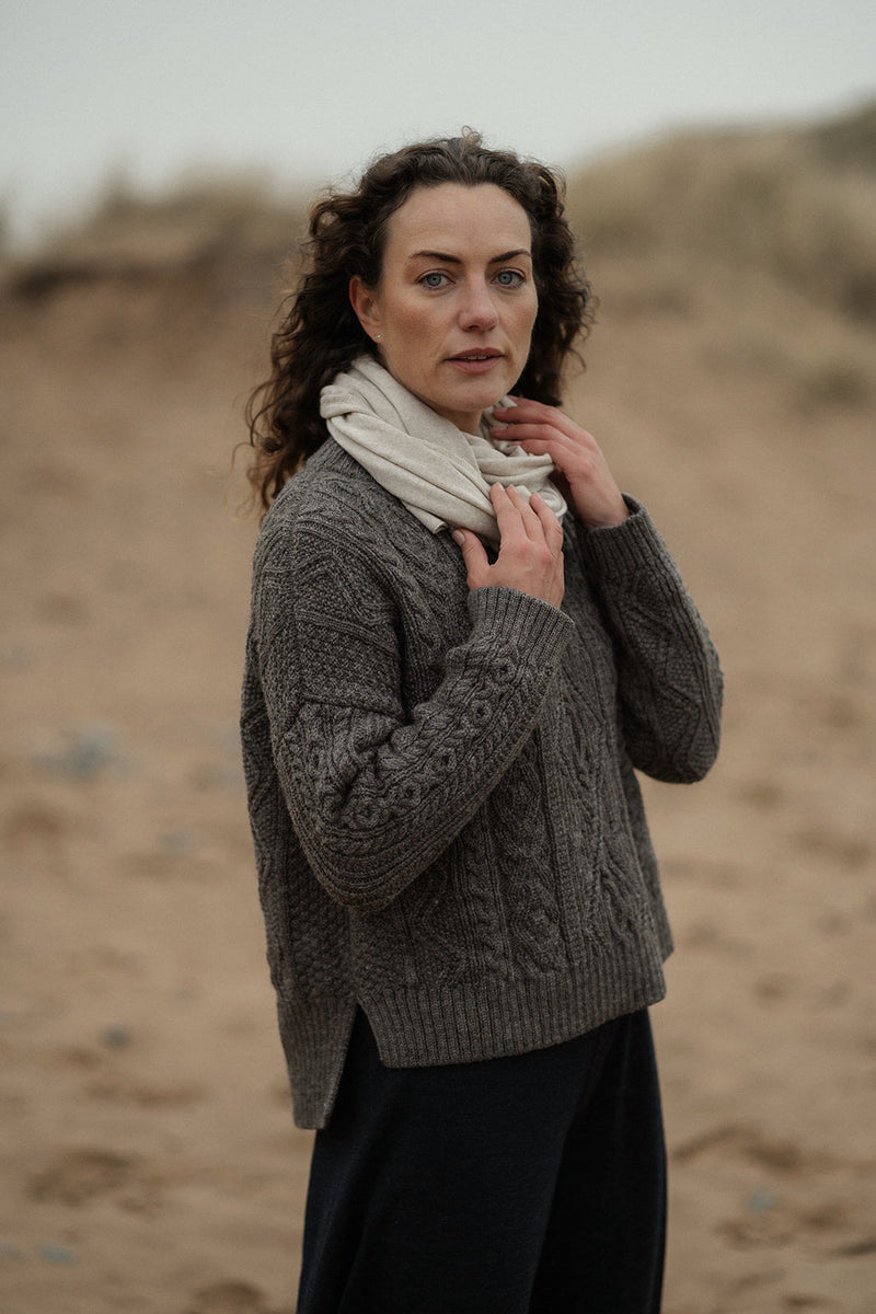 The Freyja British Wool Cable Sweater in Steel Grey