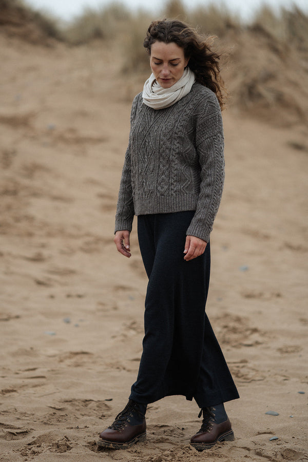 The Freyja British Wool Cable Sweater in Steel Grey