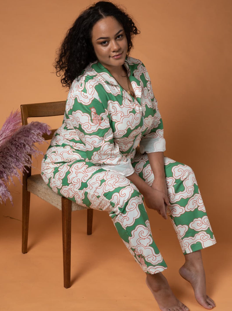 Organic Cotton & Linen Green Clouds Zip Jumpsuit Boilersuit - Wild Clouds