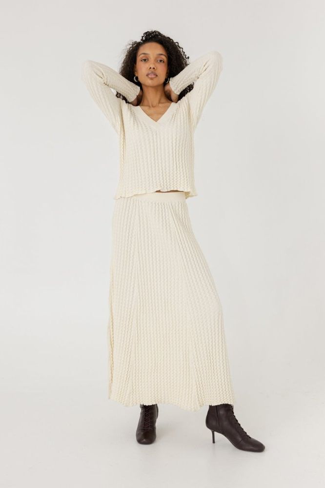 Žemės & Vagos: Sea Salt V - neck Sweater & A - line Skirt Set