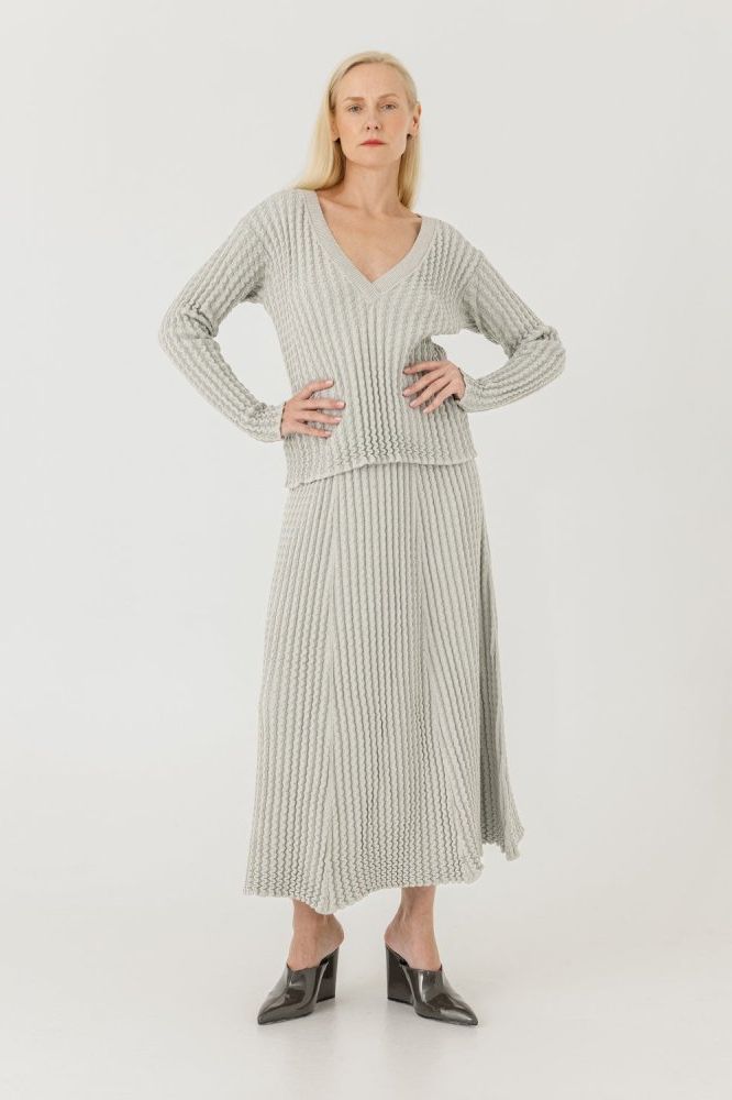 Žemės & Vagos: Sky Blue V - neck Sweater & A - line Skirt Set