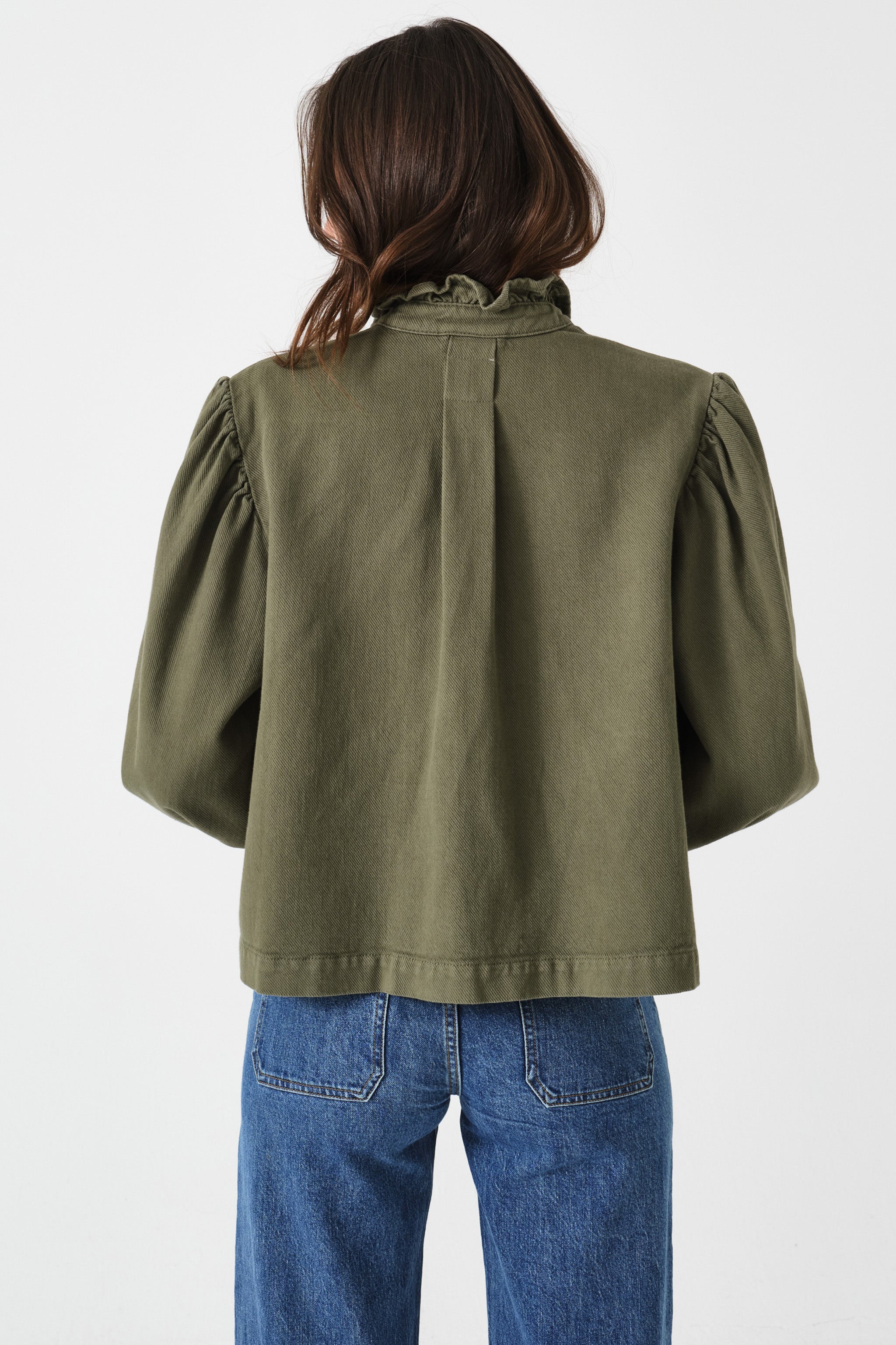 Ziggy Cropped Denim Jacket in Khaki - seventy + mochi