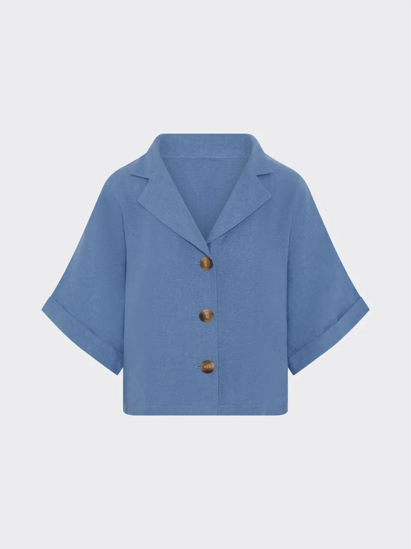 Fanfare Label's sustainable women's 100% OEKO -TEX linen cornflower blue short sleeved co-ord set with shorts