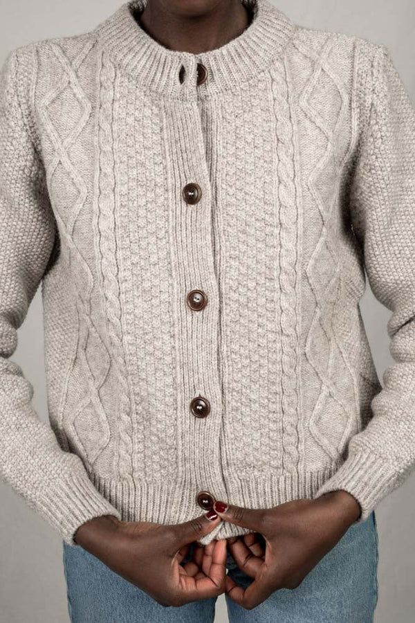 SONIA Irish Knit Cardigan in Beige - 100% Spanish Merino Wool - Non Mulesing Certificated - L'Envers