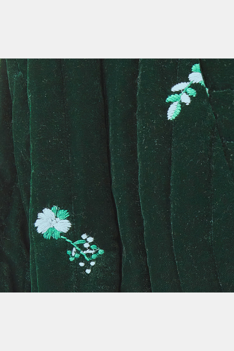 Detail shot of Aneesa Quilted Velvet Green Embroidered Jacket by east.co.uk