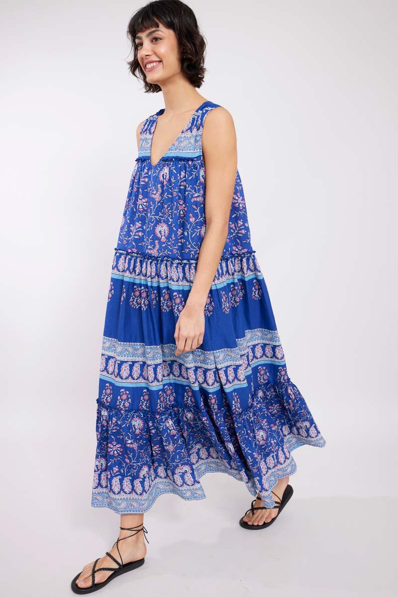 Model wearing Dallyn Blue BCI Cotton Sleeveless Dress by East.co.uk