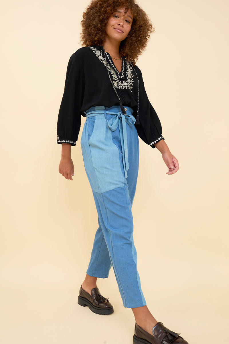 Dion Patched Denim Blue Belted Trouser
