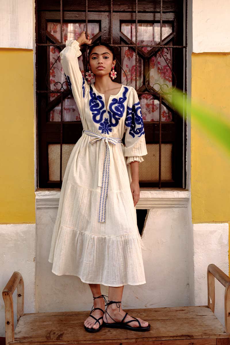 Model wearing Dolly Ecru Cotton Embroidered Dress by East.co.uk