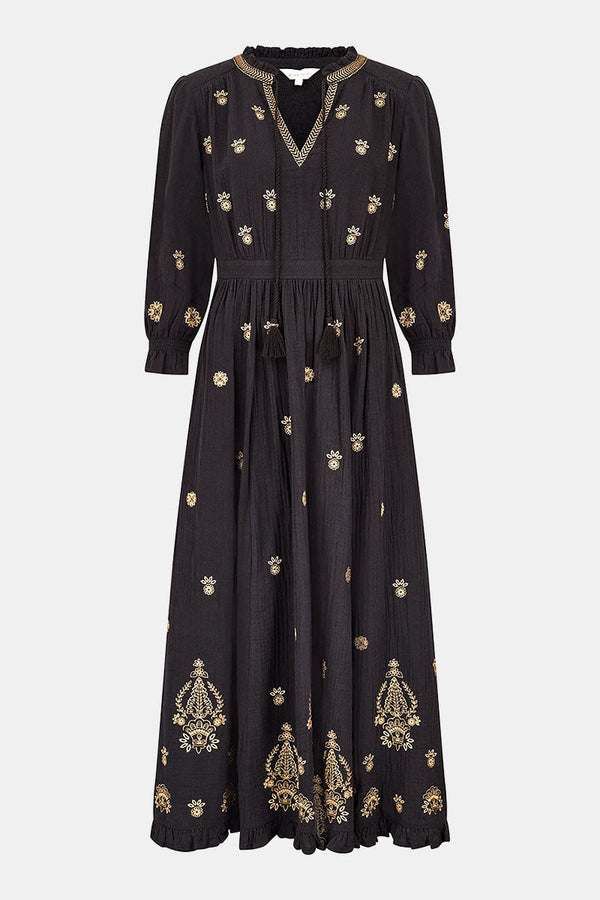 Front view of Gabriella black dress with gold embroidery.