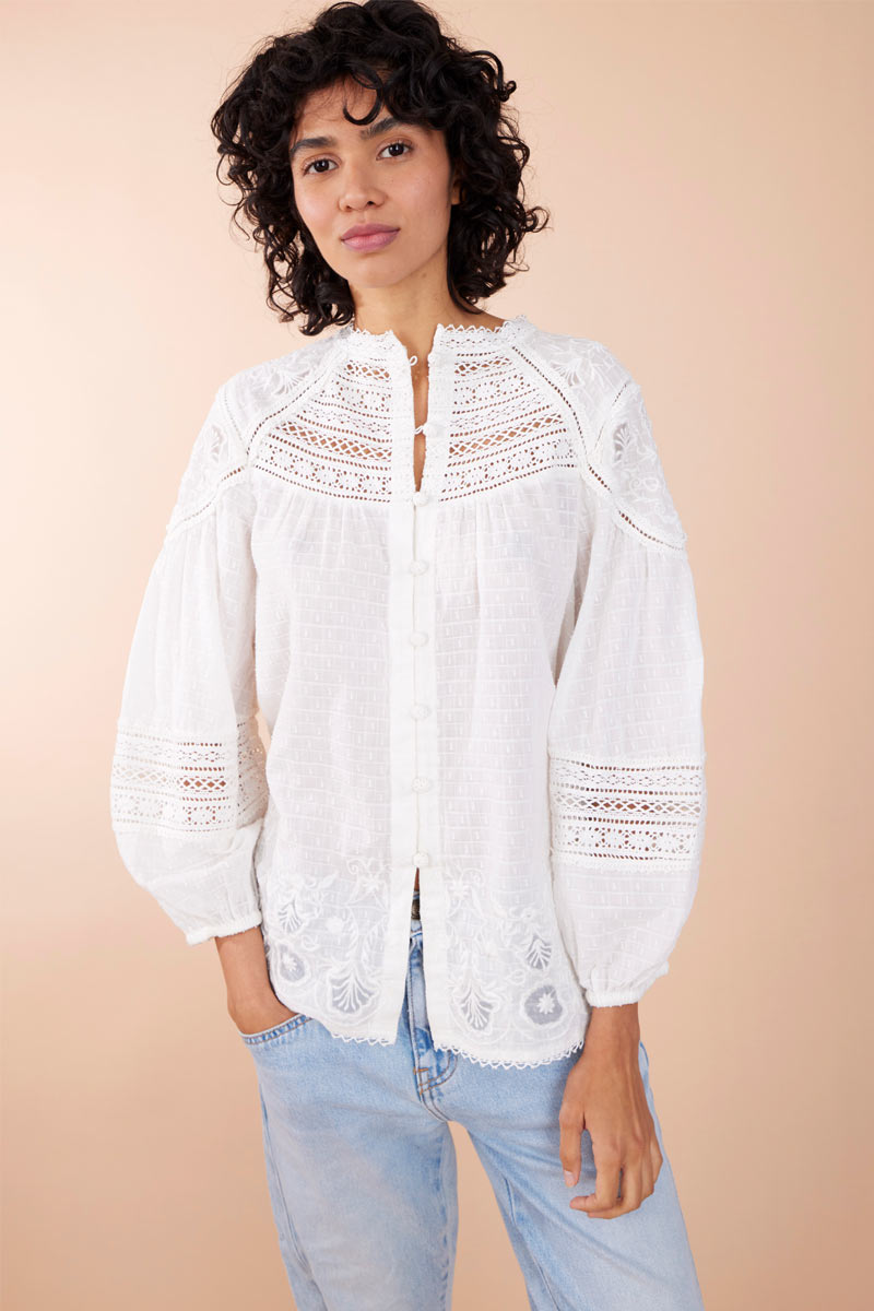 Model wearing Juliette White Cotton Embroidered Blouse by East.co.uk