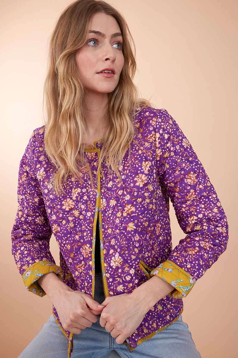 Model wearing Lana Grape Organic Cotton Quilted Jacket by east.co.uk