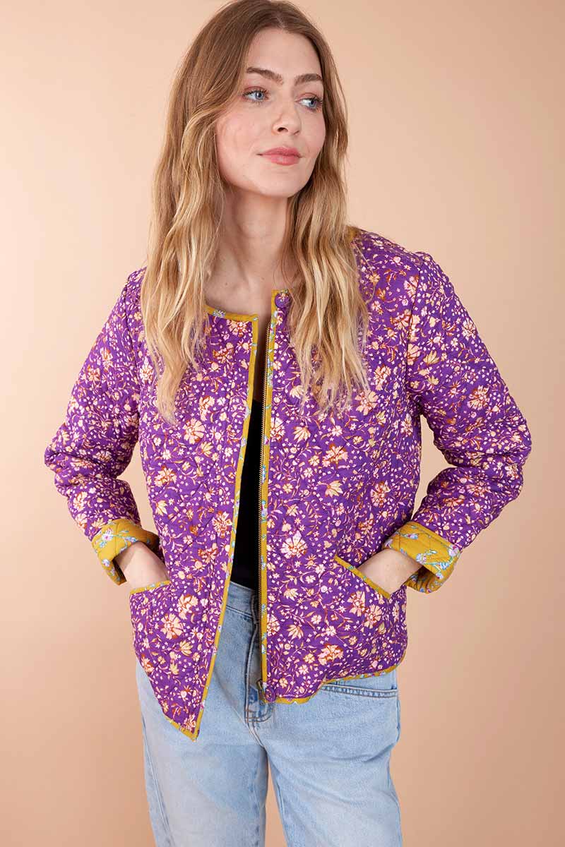 Model wearing Lana Grape Organic Cotton Quilted Jacket by east.co.uk