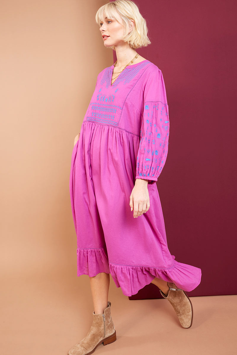 Larissa Warli Embroidered Magenta Cotton Dress