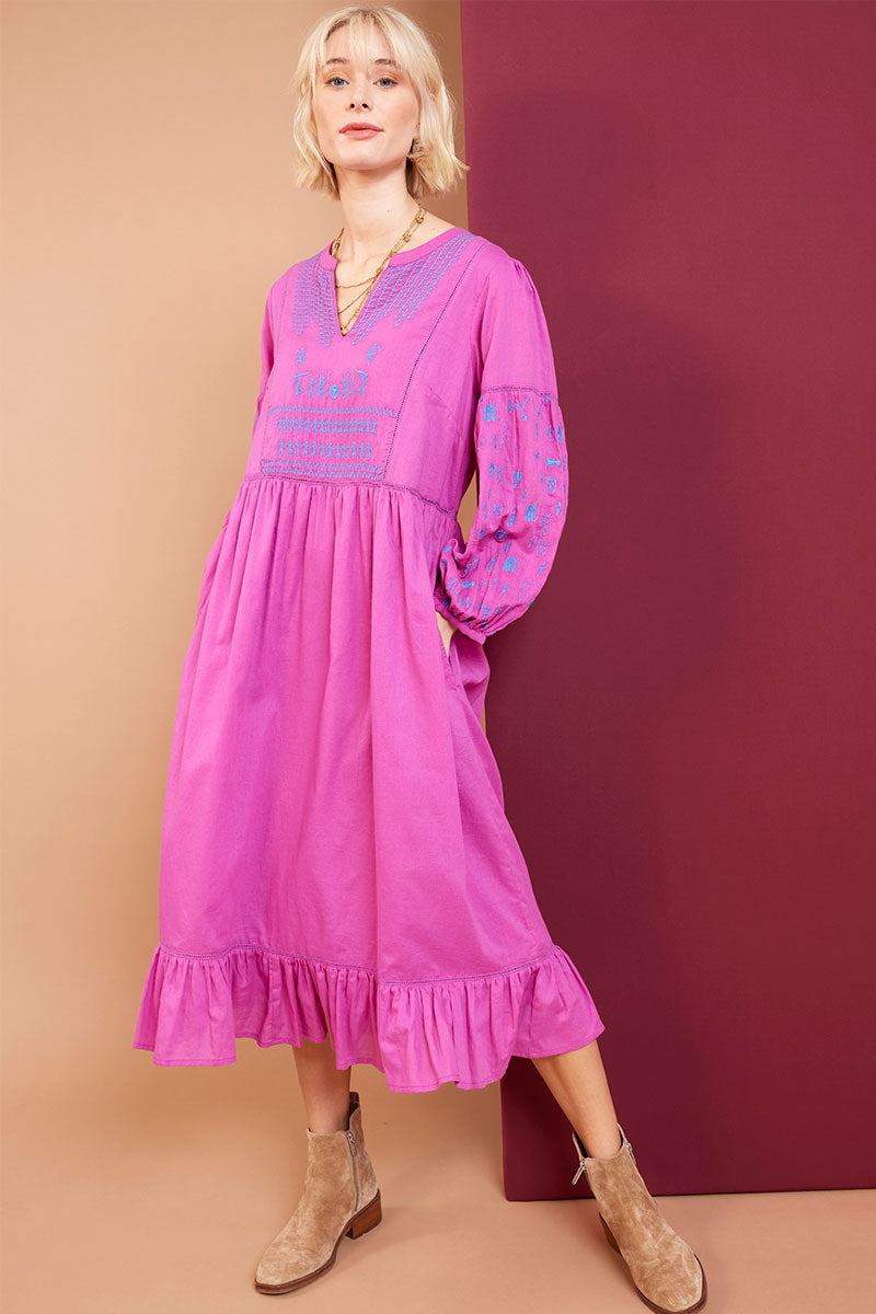 Larissa Warli Embroidered Magenta Cotton Dress