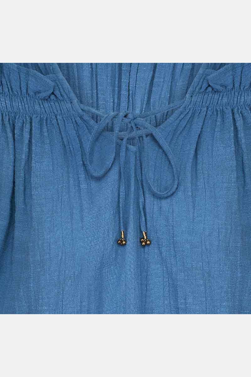 Leia Frill Sleeve Denim Blue Cotton Top