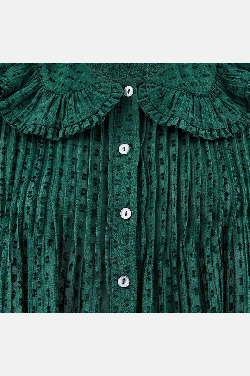 Detail  shot of Mengal Green Cotton Viscose Embroidered Blouse by east.co.uk 