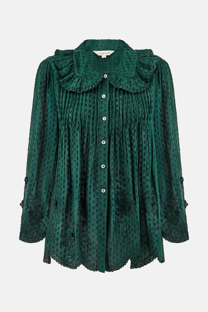 Front shot of Mengal Green Cotton Viscose Embroidered Blouse by east.co.uk 