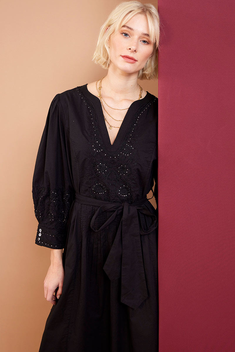 Model Wearing Nisha Chikankari Embroidered Black BCI Cotton Dress by East.co.uk