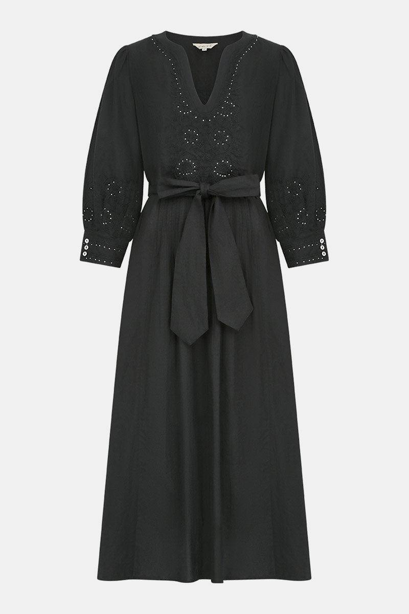 Front of Nisha Chikankari Embroidered Black BCI Cotton Dress by East.co.uk