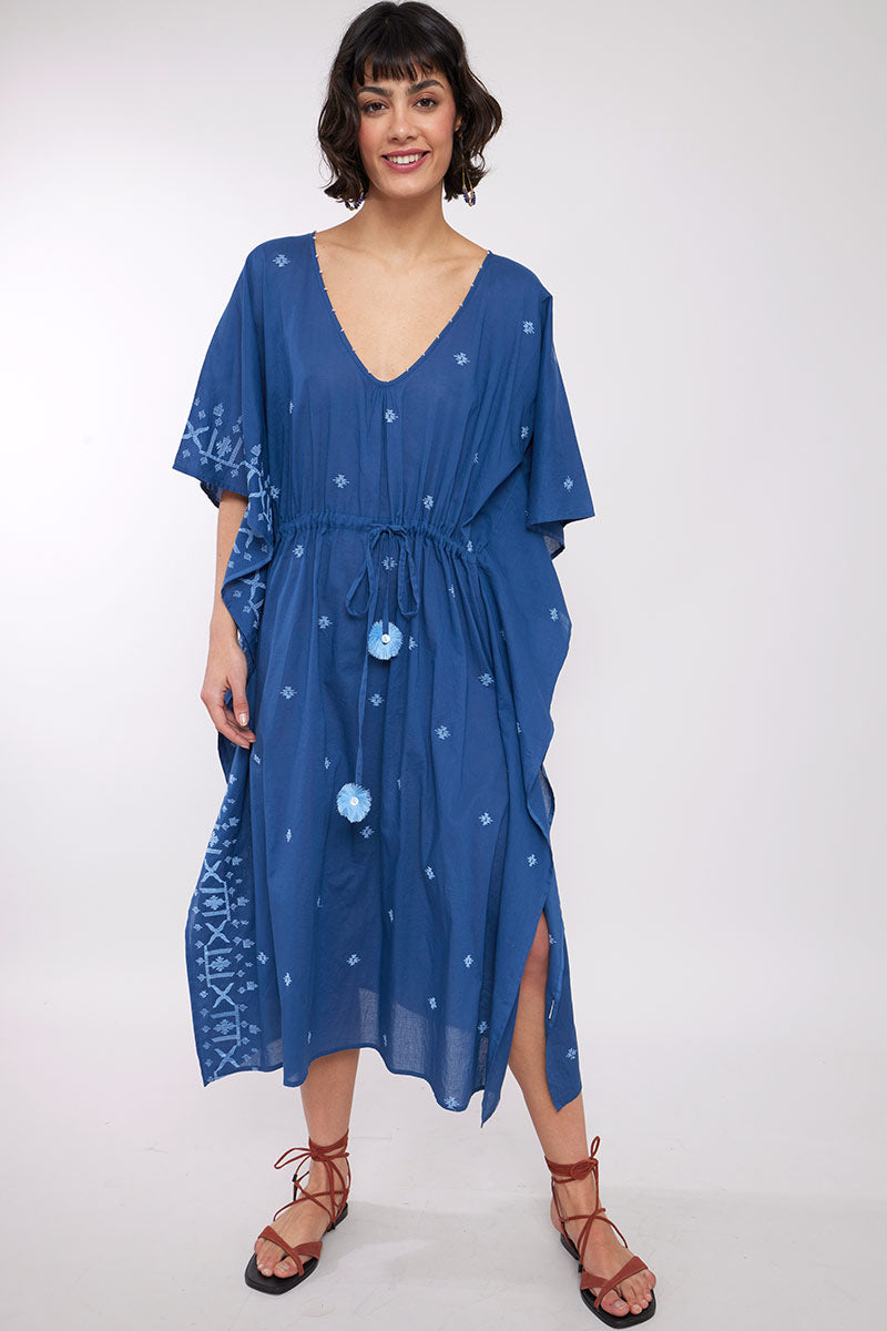 Model wearing Petra Navy BCI Cotton Kaftan by East.co.uk