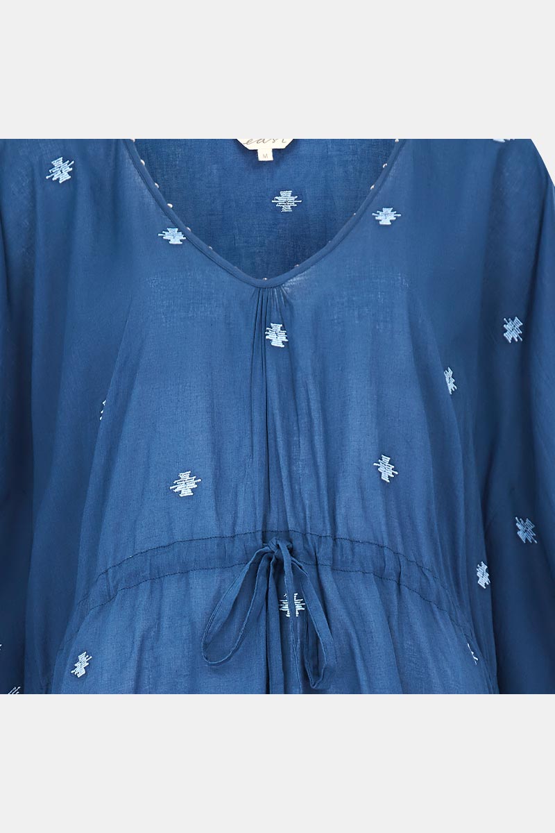 Front detail of Petra Navy BCI Cotton Kaftan by East.co.uk