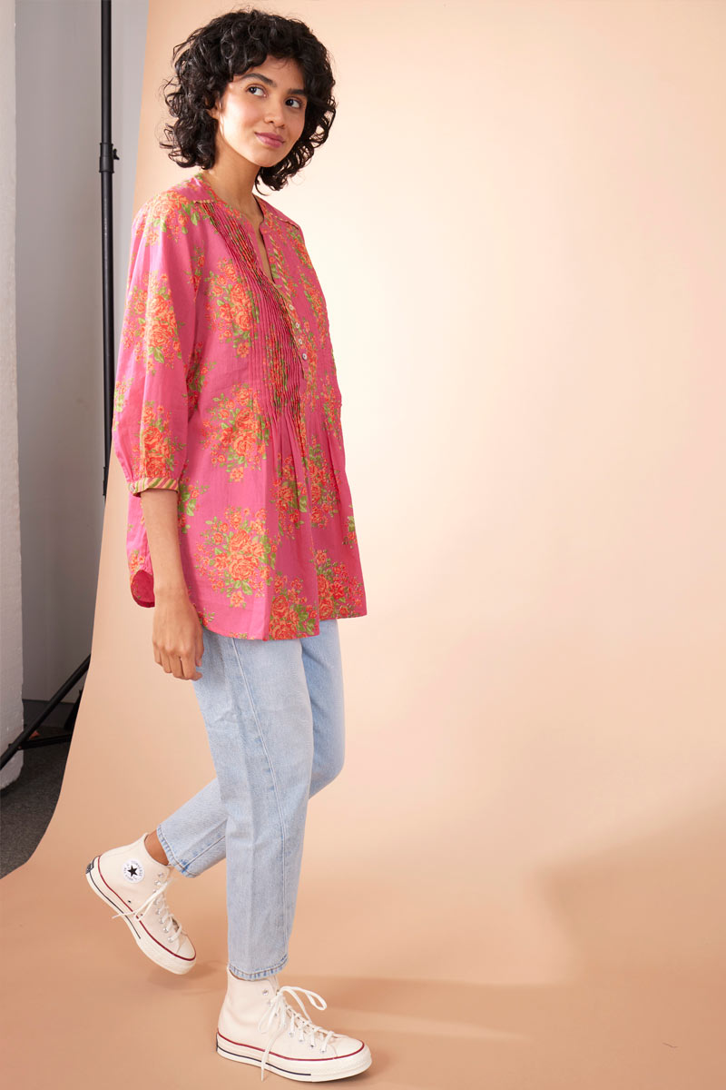 Model Wearing Rosalie Pink Organic Cotton Pintuck Top by East.co.uk