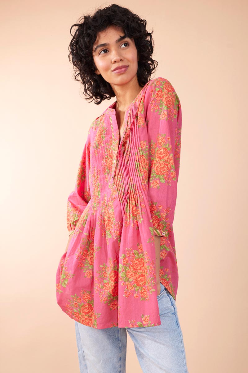 Model Wearing Rosalie Pink Organic Cotton Pintuck Top by East.co.uk