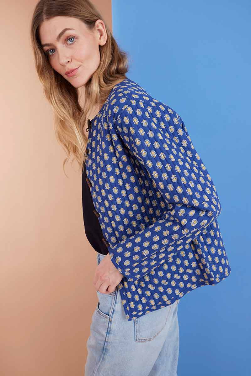 Model wearing Susan Woodblock Reversible BCI Cotton Jacket by East.co.uk