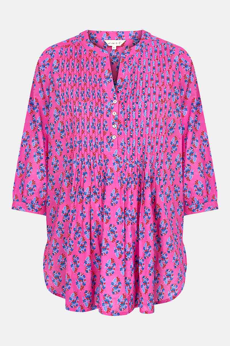 Front of Sasha Pink BCI Cotton Pintuck Blouse by East.co.uk